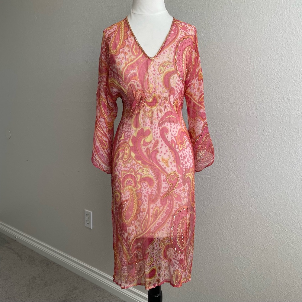 Vintage Y2K Zara Pink and Yellow Paisley Sheer Silk Dress